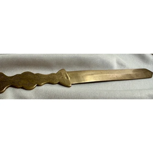 Vintage Solid Brass Letter Opener Etched Floral Design Made in China Desk Tool - Picture 3 of 4